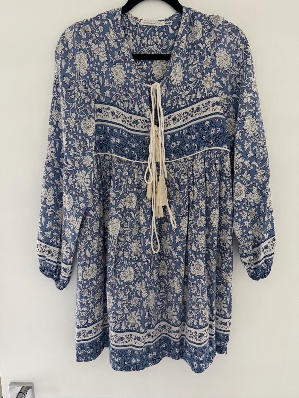 Blue Floral Boho Tunic with Tassel Tie